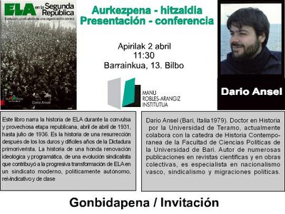 Apirilak 2 Bilbon: ELA en la segunda República. Liburuaren aurkezpena eta egilearen hitzaldia